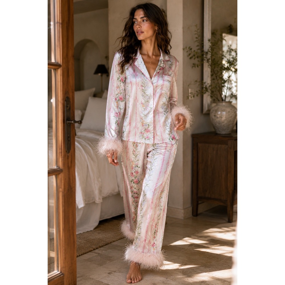 NWT Ivy City Co Bianca Floral Satin Feather Trim Pajama Set Pink M